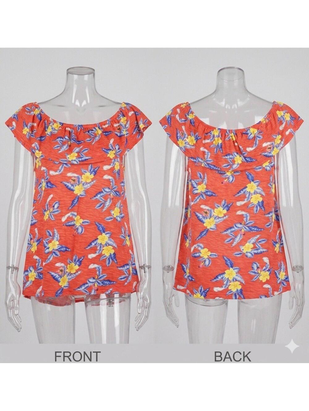 🌺 Coral Tropical Off Shoulder Ruffle Blouse Top Women Size L. 11-4 🌺